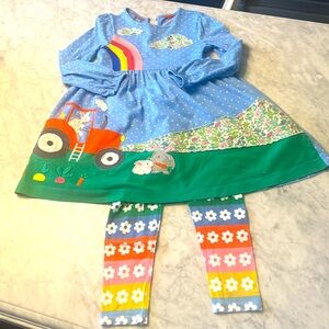 Adorable Mini Boden bunny rabbit tractor rainbow dress with matching leggings
